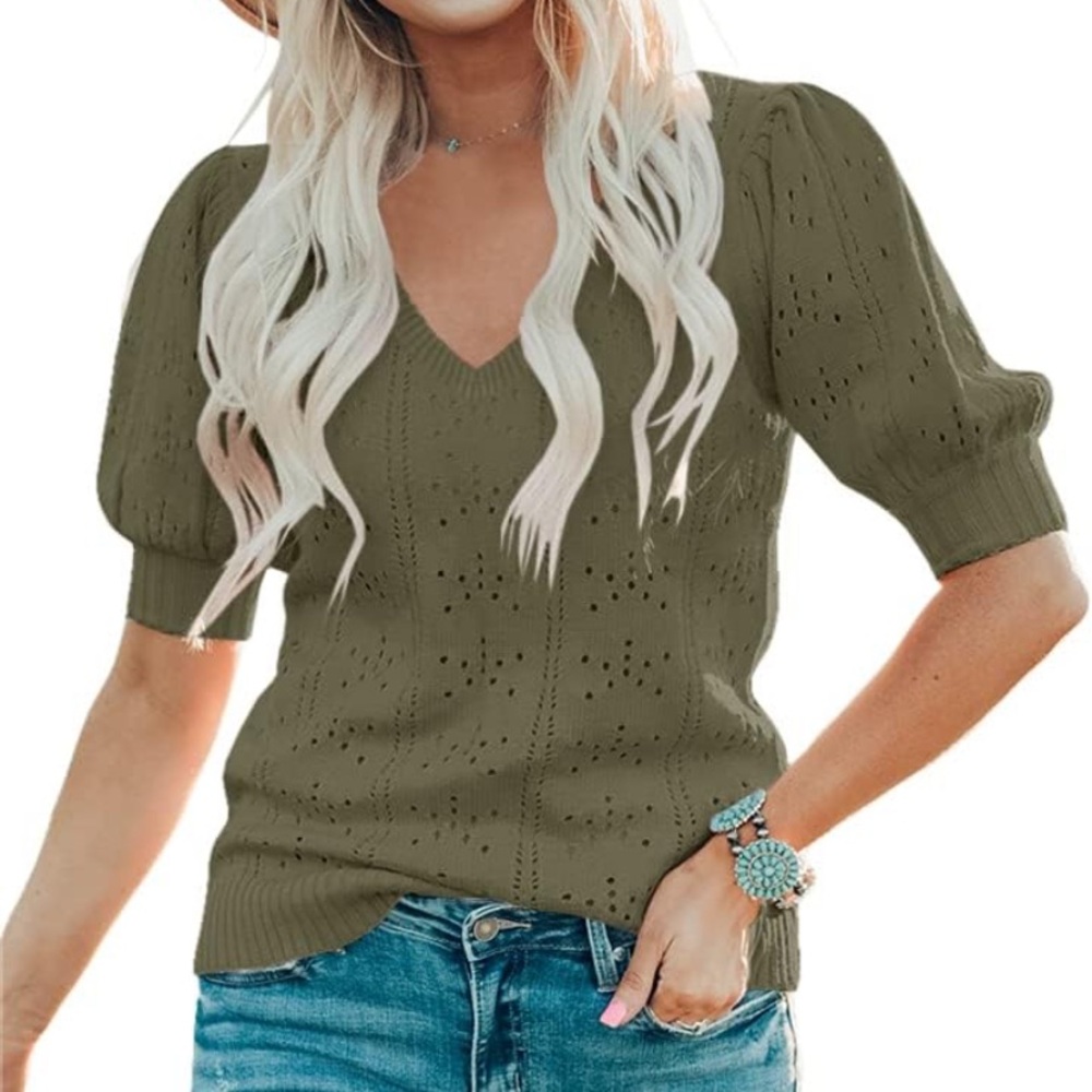 Amazon pointelle army green puff sleeve sweater sz S